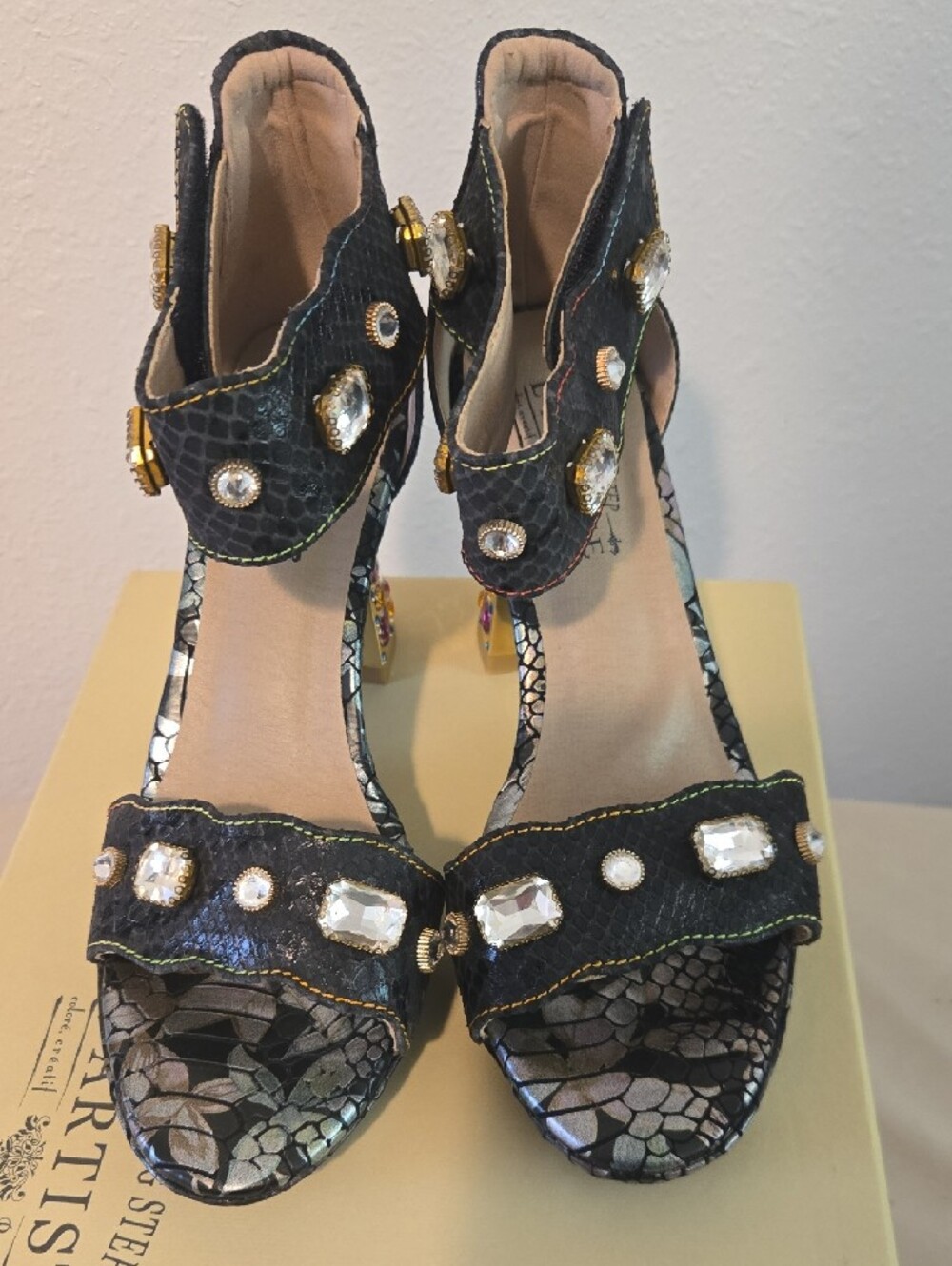 L'Artiste Black Jeweled Block Heel Sandals - Picture 2 of 7